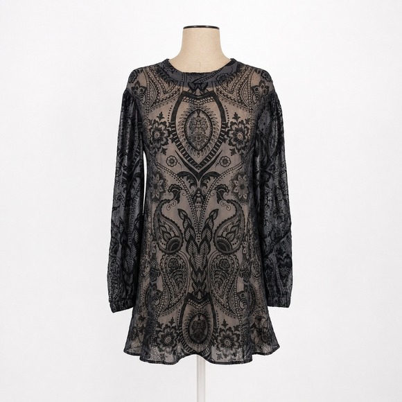 Dresses & Skirts - Floral Paisley Burnout Sheer Mesh Puff Sleeve Dress Sz 2XL High‎ Neck Whimsigoth